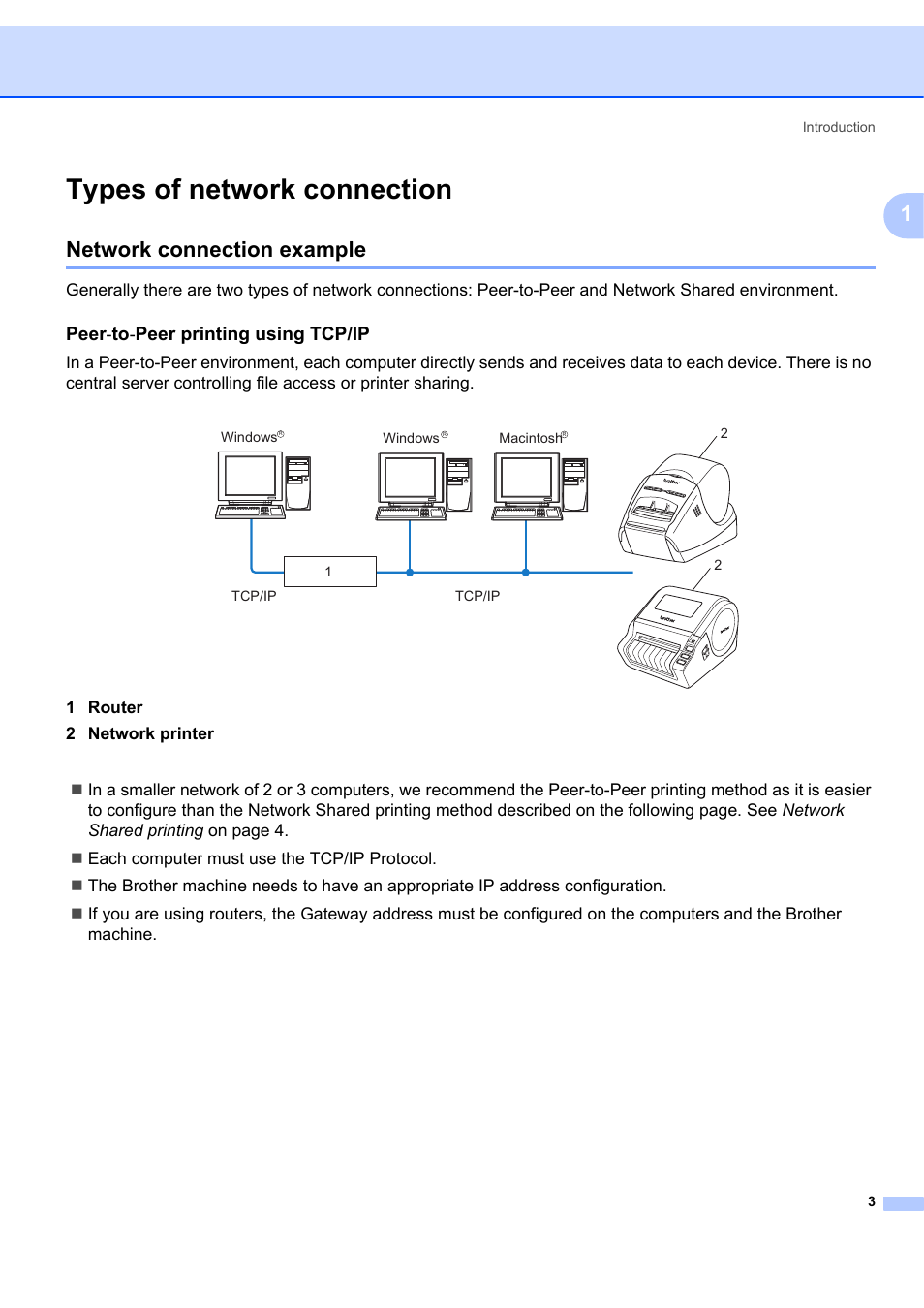 Types of network connection, Network connection example, Peer-to-peer printing using tcp/ip | Peer, Peer printing using tcp/ip | Brother ETHERNET QL-580N User Manual | Page 8 / 42