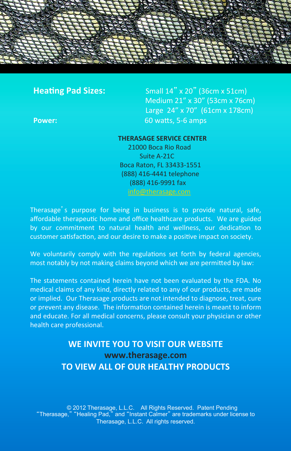 Hea'ng pad sizes | Therasage Instant Calmer User Manual User Manual | Page 8 / 8