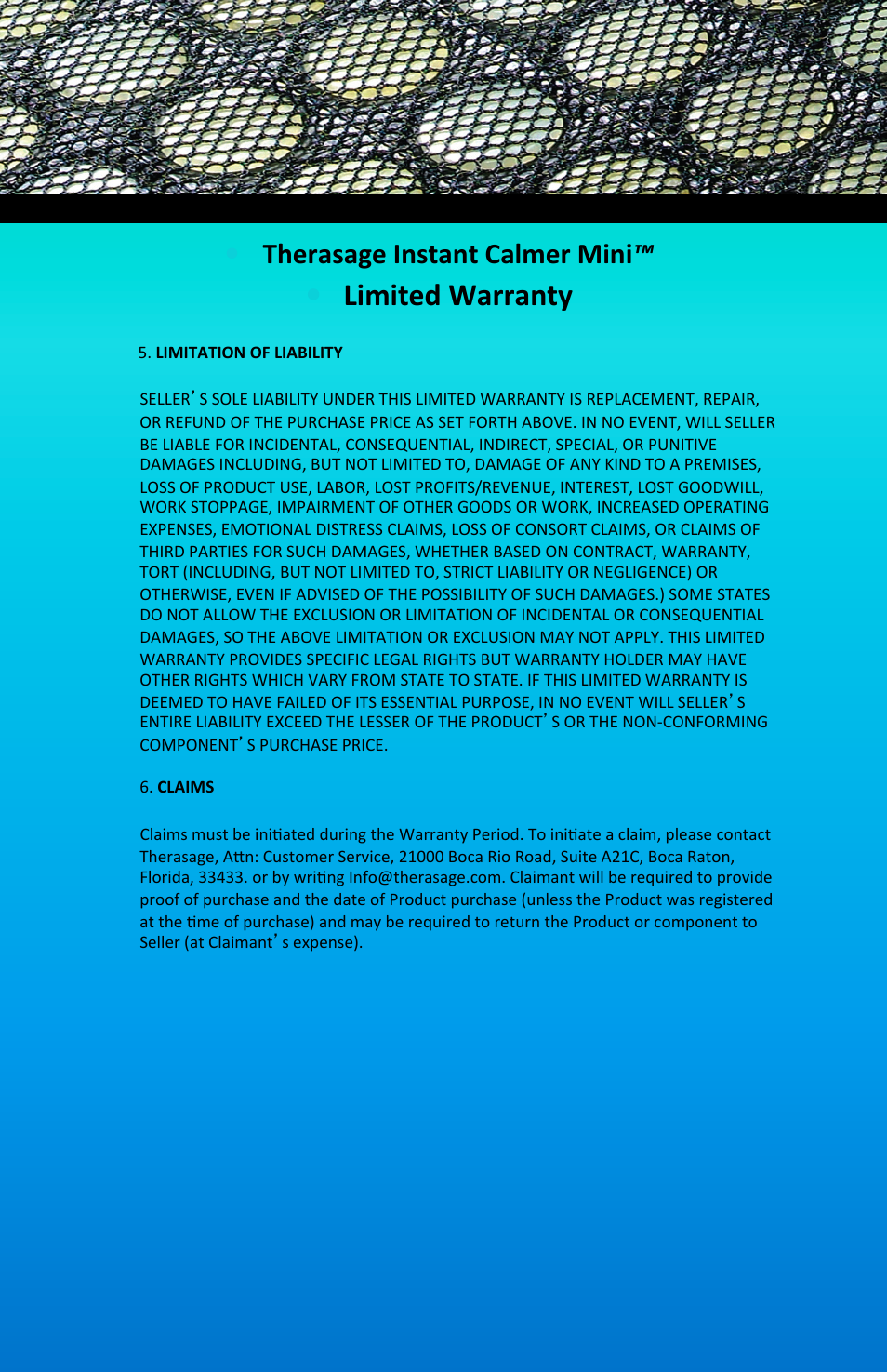 Limited warranty, Therasage instant calmer mini | Therasage Mini Instant Calmer User Manual | Page 11 / 12