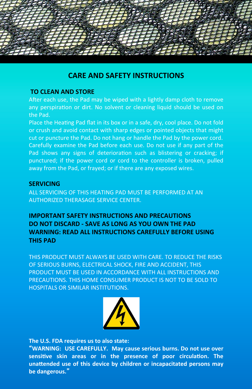 Care and safety instructions | Therasage Mini Instant Calmer User Manual | Page 4 / 12