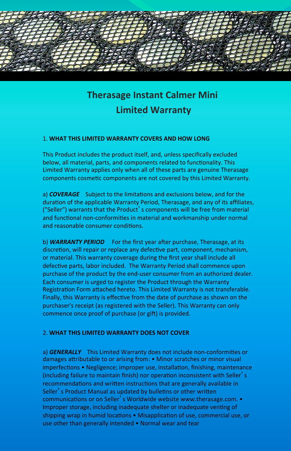 Therasage instant calmer mini limited warranty | Therasage Mini Instant Calmer User Manual | Page 9 / 12