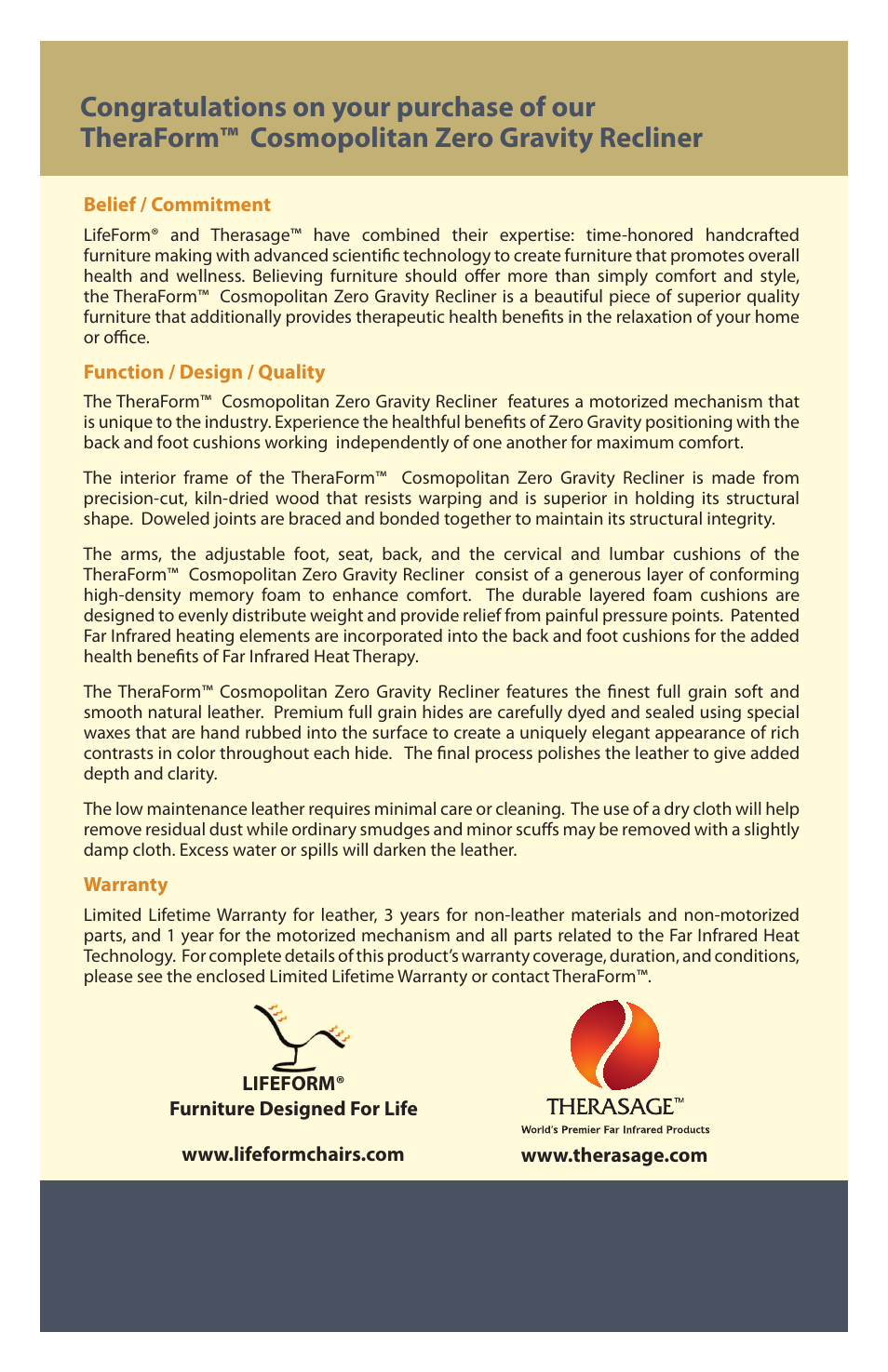 Therasage Cosmo Zero Gravity Recliner User Manual | Page 2 / 11