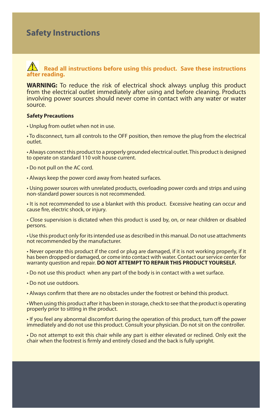 Safety instructions | Therasage Cosmo Zero Gravity Recliner User Manual | Page 9 / 11