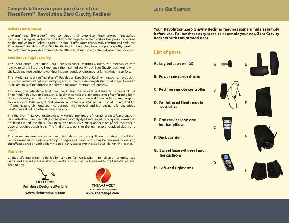 Let’s get started list of parts | Therasage Revolution Zero Gravity Recliner User Manual | Page 2 / 6