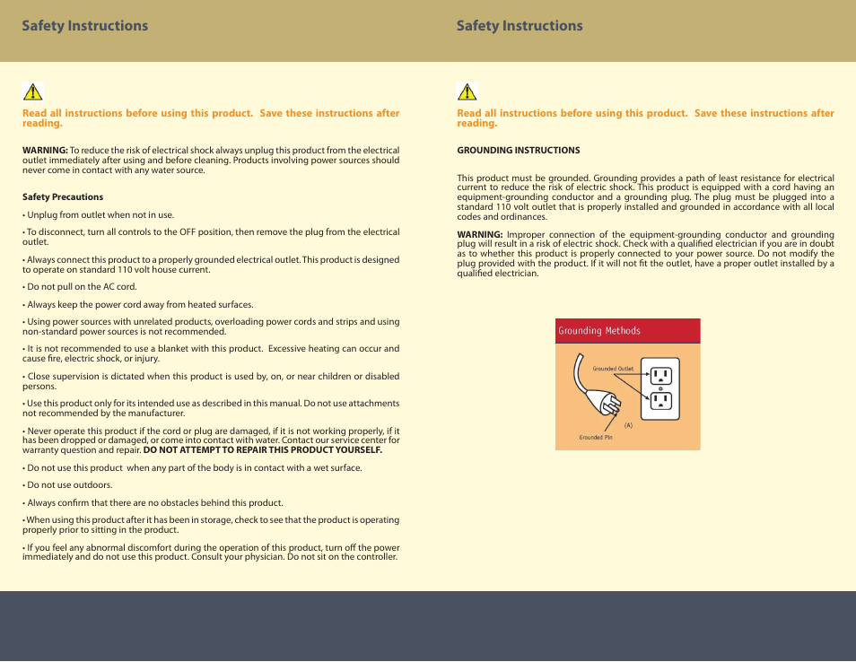 Safety instructions | Therasage Revolution Zero Gravity Recliner User Manual | Page 6 / 6