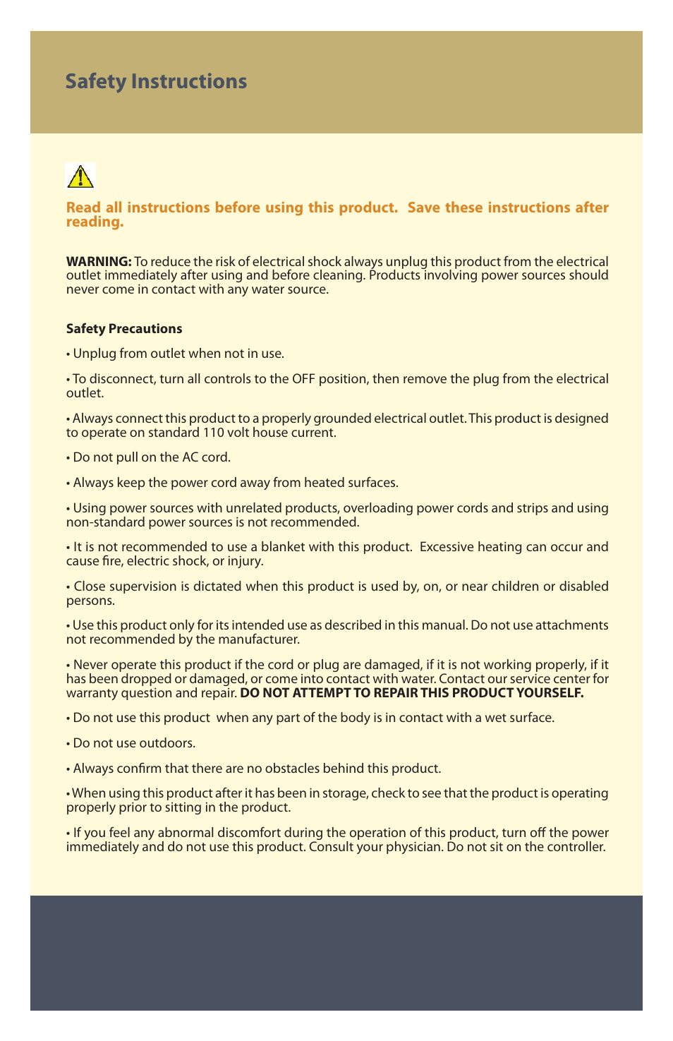 Safety instructions | Therasage Windsor Zero Gravity Recliner User Manual | Page 10 / 12