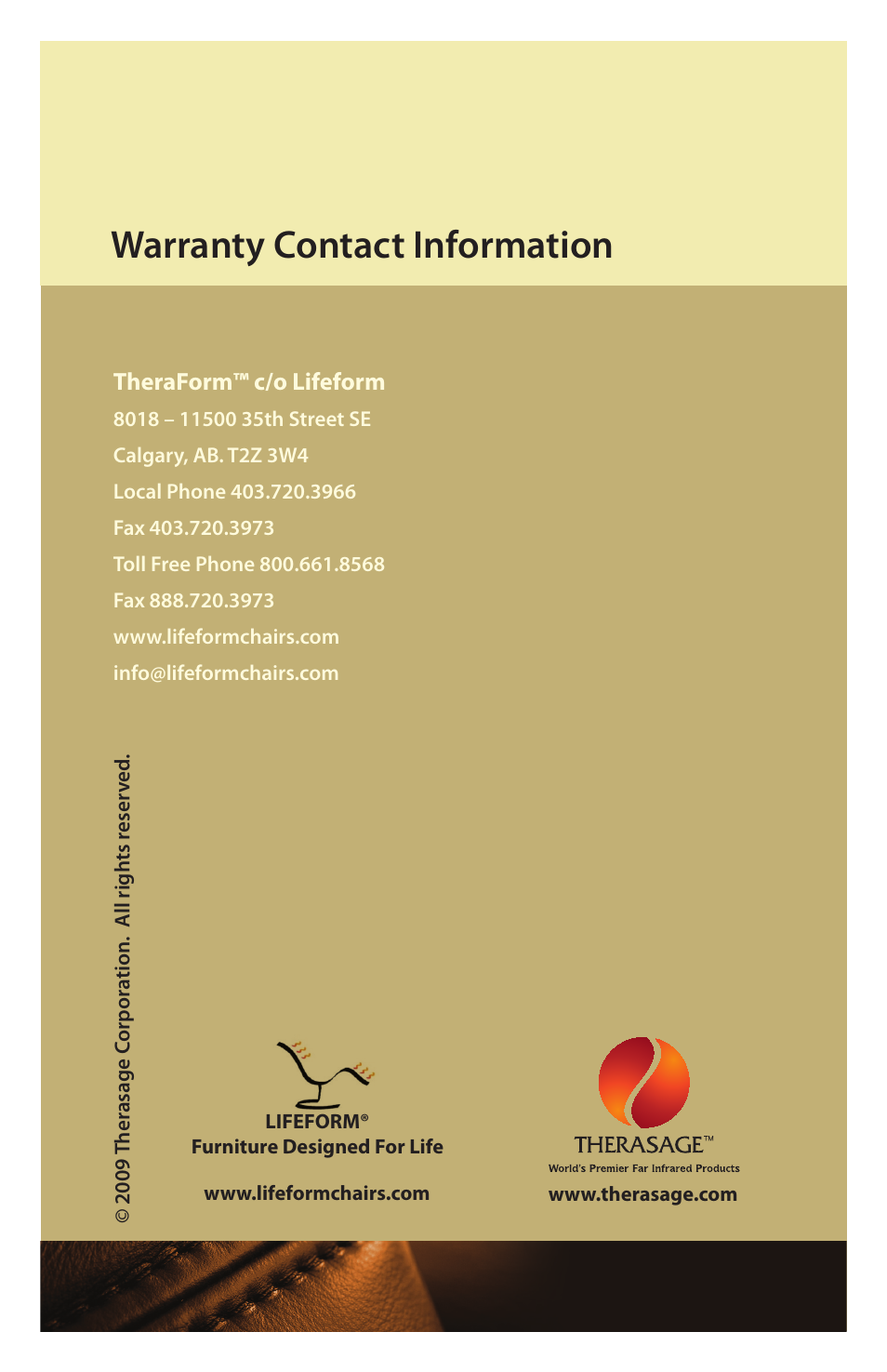 Warranty contact information | Therasage Windsor Zero Gravity Recliner User Manual | Page 12 / 12