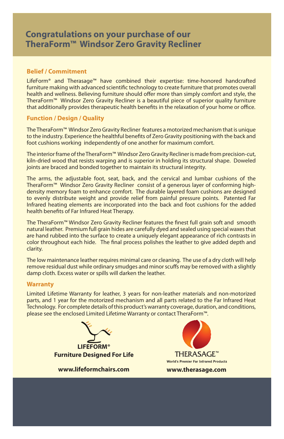 Therasage Windsor Zero Gravity Recliner User Manual | Page 2 / 12