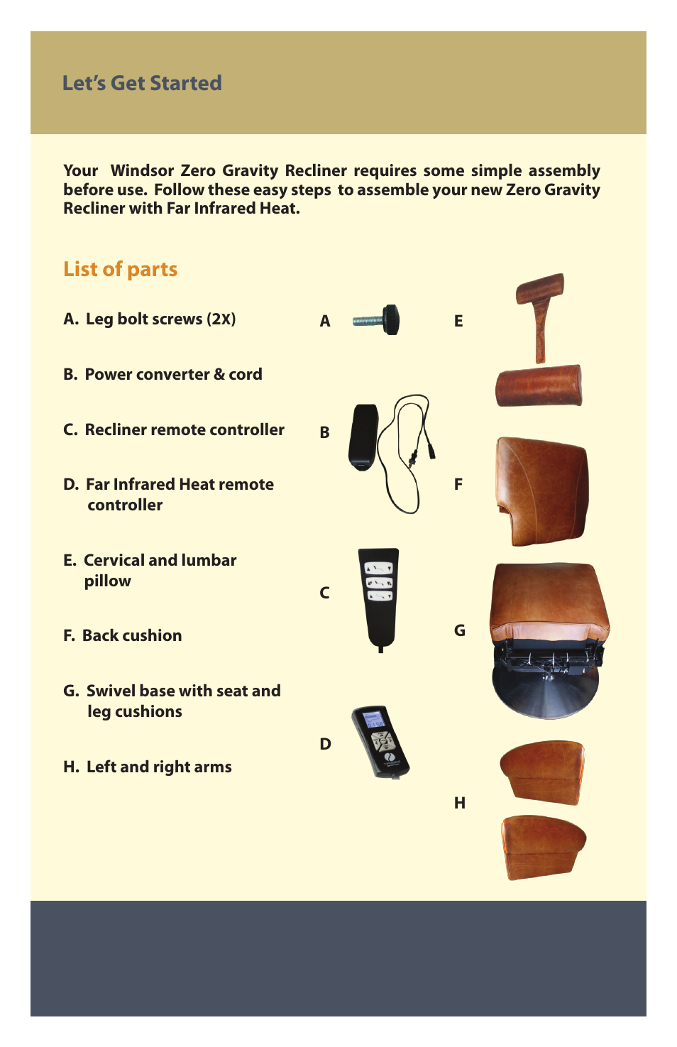 Let’s get started list of parts | Therasage Windsor Zero Gravity Recliner User Manual | Page 3 / 12