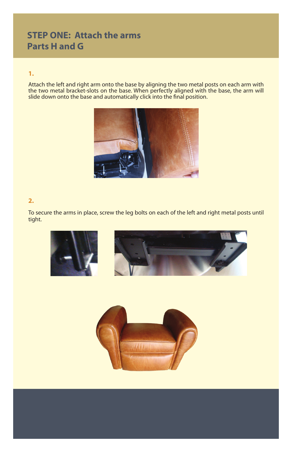 Step one: attach the arms parts h and g | Therasage Windsor Zero Gravity Recliner User Manual | Page 4 / 12