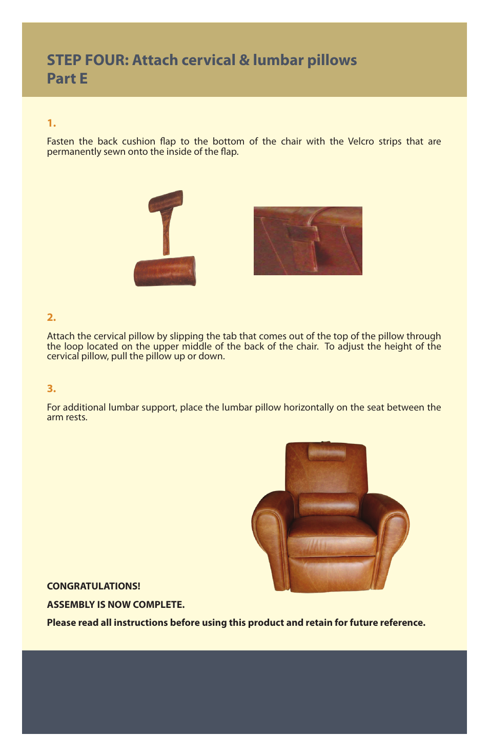 Step four: attach cervical & lumbar pillows part e | Therasage Windsor Zero Gravity Recliner User Manual | Page 7 / 12