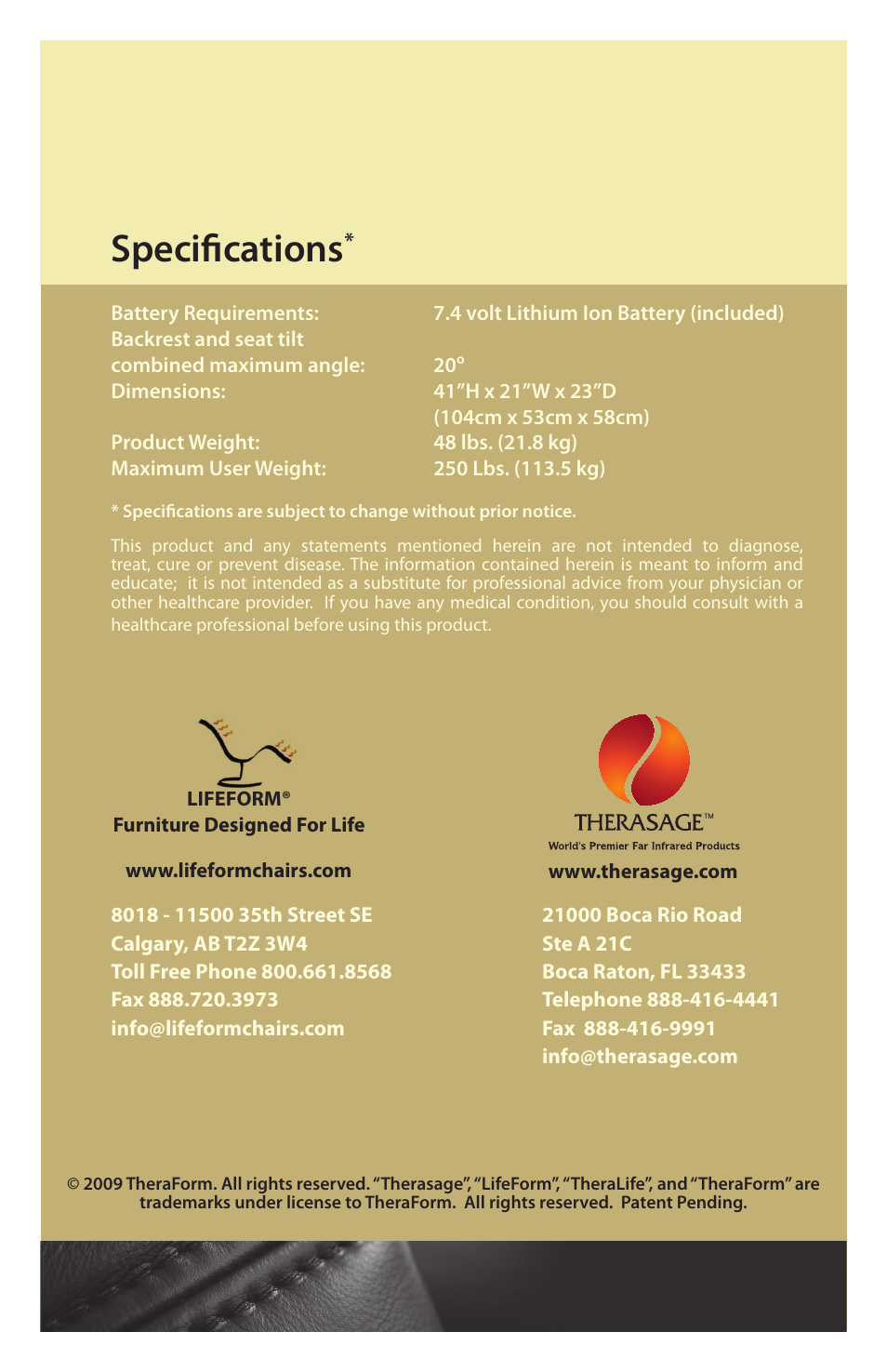 Specifications | Therasage Task Chair User Manual | Page 8 / 8