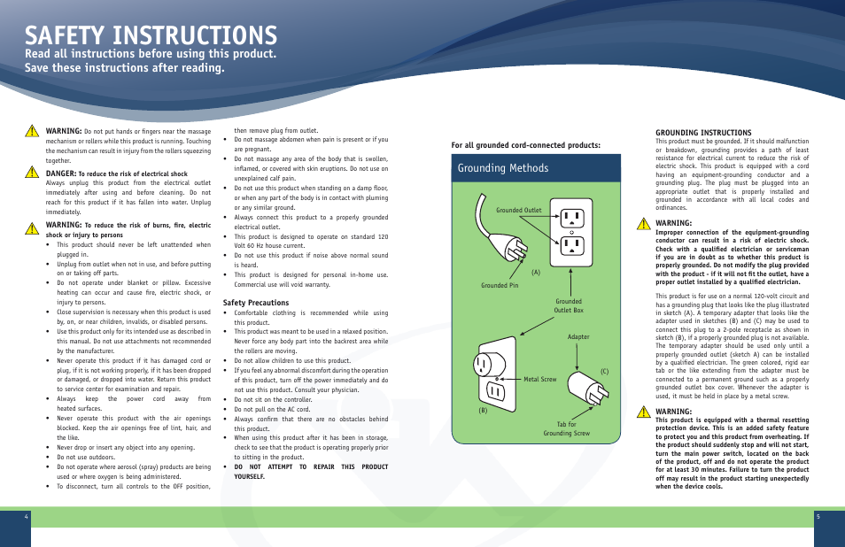 Safety instructions, Grounding methods | Therasage RTB 5001 User Manual | Page 3 / 8