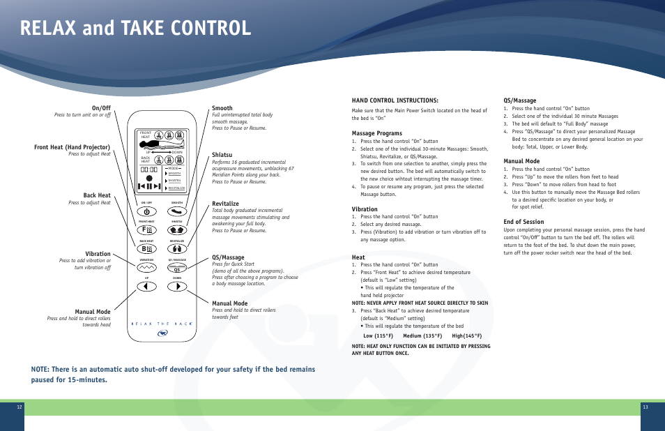 Relax and take control, On/off, Front heat (hand projector) | Back heat, Vibration, Manual mode, Hand control instructions, Massage programs, Heat, Qs/massage | Therasage RTB 5001 User Manual | Page 7 / 8