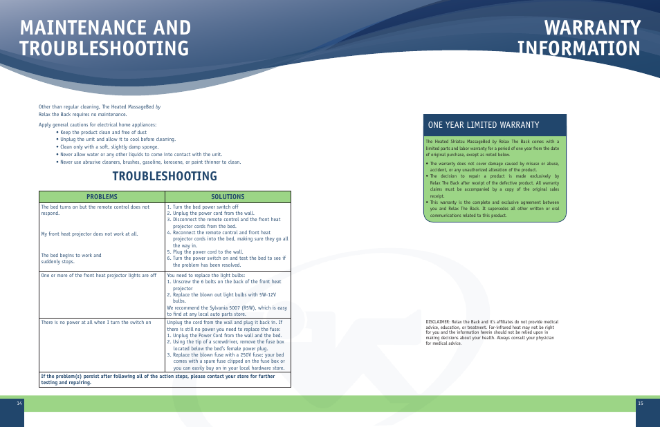 Maintenance and troubleshooting, Warranty information, Troubleshooting | One year limited warranty | Therasage RTB 5001 User Manual | Page 8 / 8