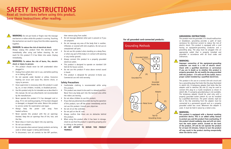 Safety instructions, Grounding methods | Therasage RX8000 Series User Manual | Page 3 / 8
