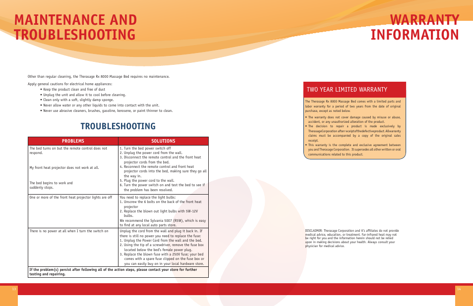 Maintenance and troubleshooting, Warranty information, Troubleshooting | Two year limited warranty | Therasage RX8000 Series User Manual | Page 8 / 8