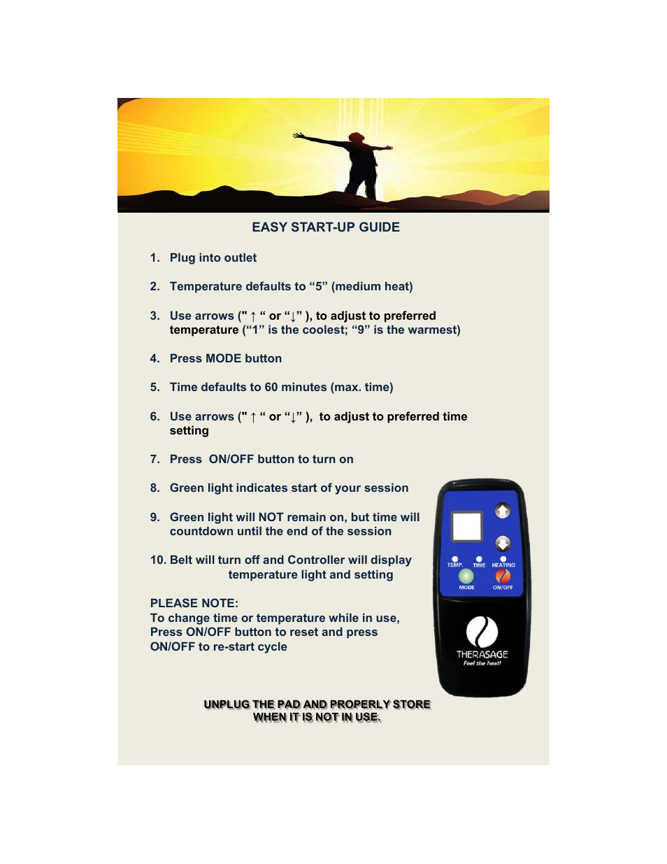 Therasage Sauna Belt Easy Start Up Guide User Manual | 1 page