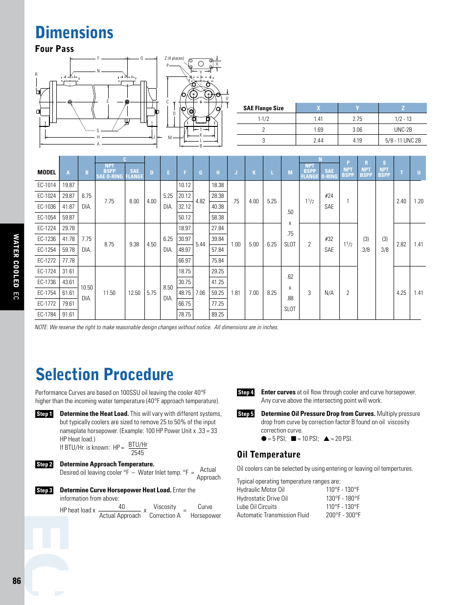 Dimensions, Selection procedure, Four pass | Oil temperature | Thermal Transfer Systems EC Series User Manual | Page 3 / 6