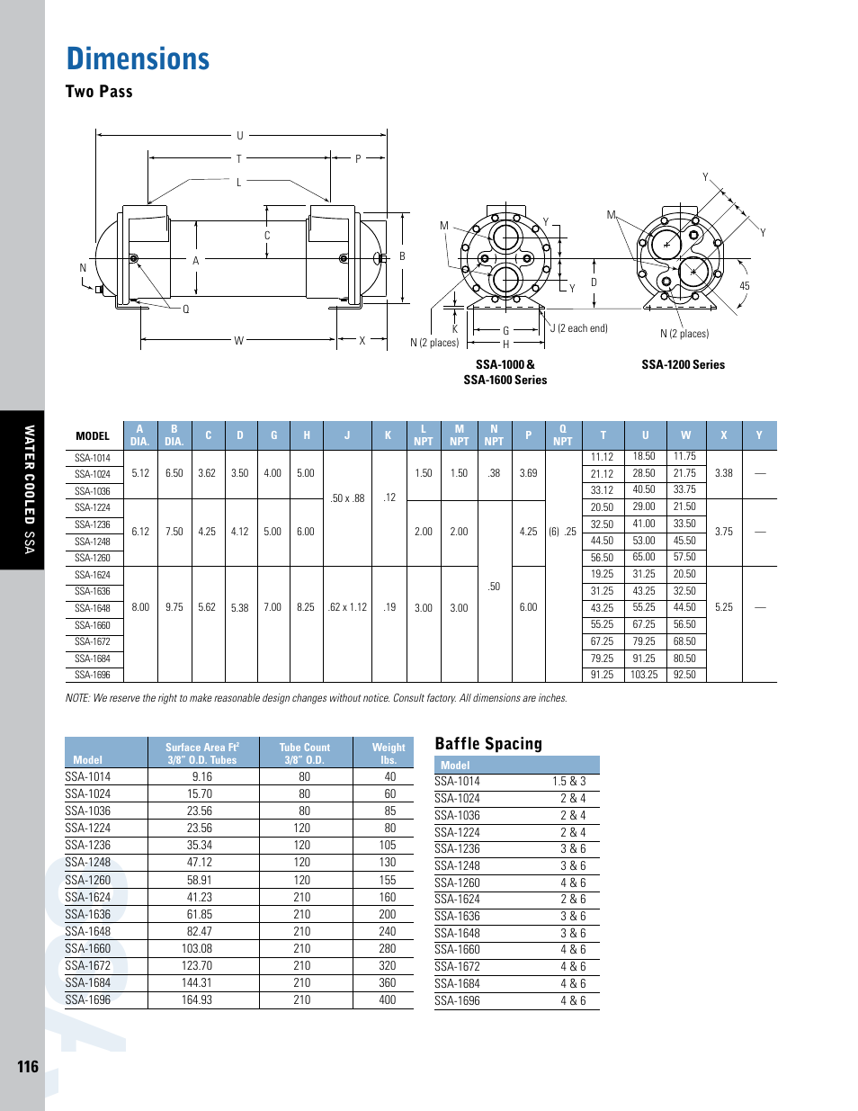 Dimensions, Two pass, Baff le spacing | Thermal Transfer Systems SSA Series User Manual | Page 3 / 4