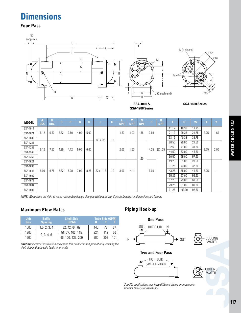 Dimensions, Four pass, Maximum flow rates | Piping hook-up | Thermal Transfer Systems SSA Series User Manual | Page 4 / 4