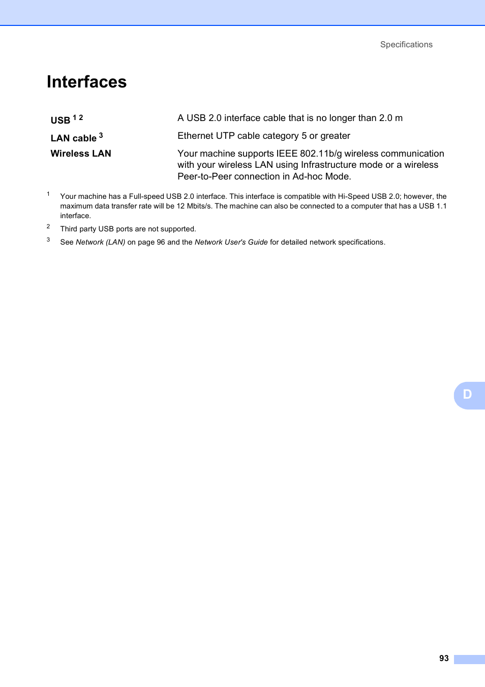 Interfaces | Brother DCP-375CW User Manual | Page 101 / 109