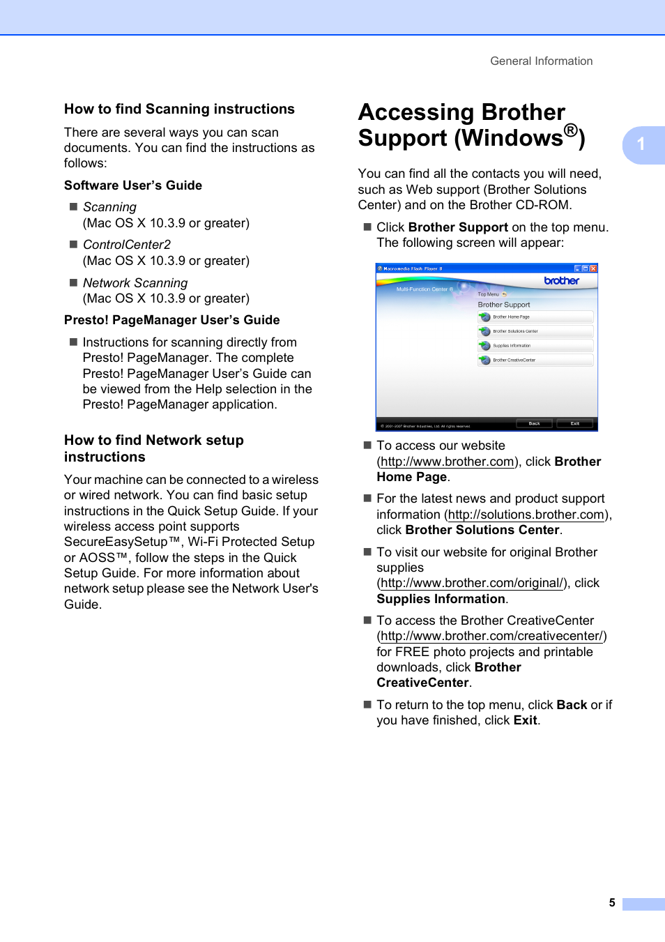 How to find scanning instructions, How to find network setup instructions, Accessing brother support (windows®) | Accessing brother support (windows | Brother DCP-375CW User Manual | Page 13 / 109