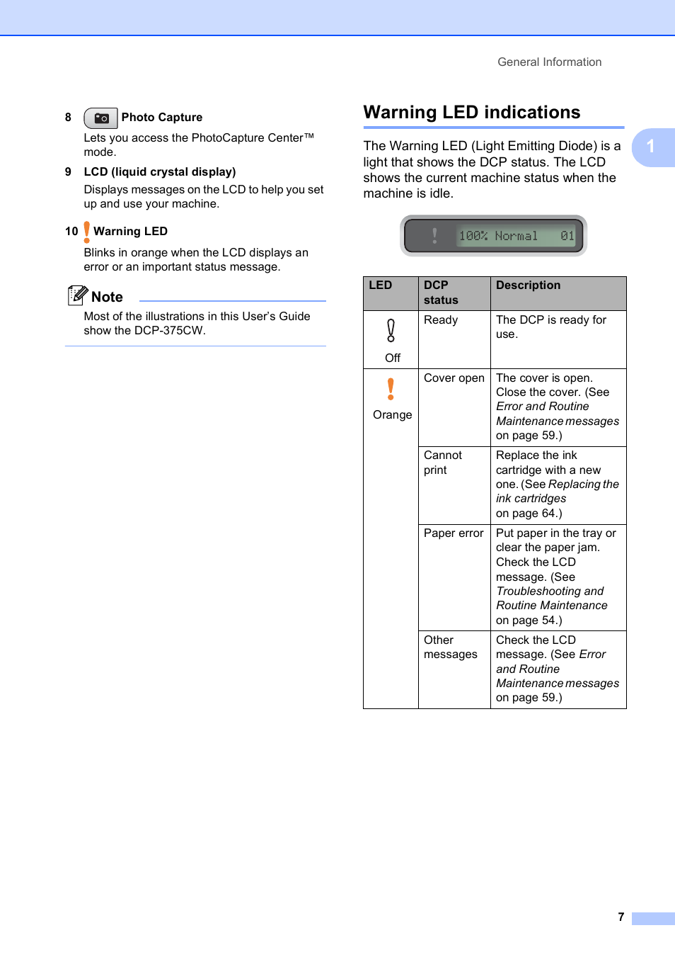 Warning led indications | Brother DCP-375CW User Manual | Page 15 / 109