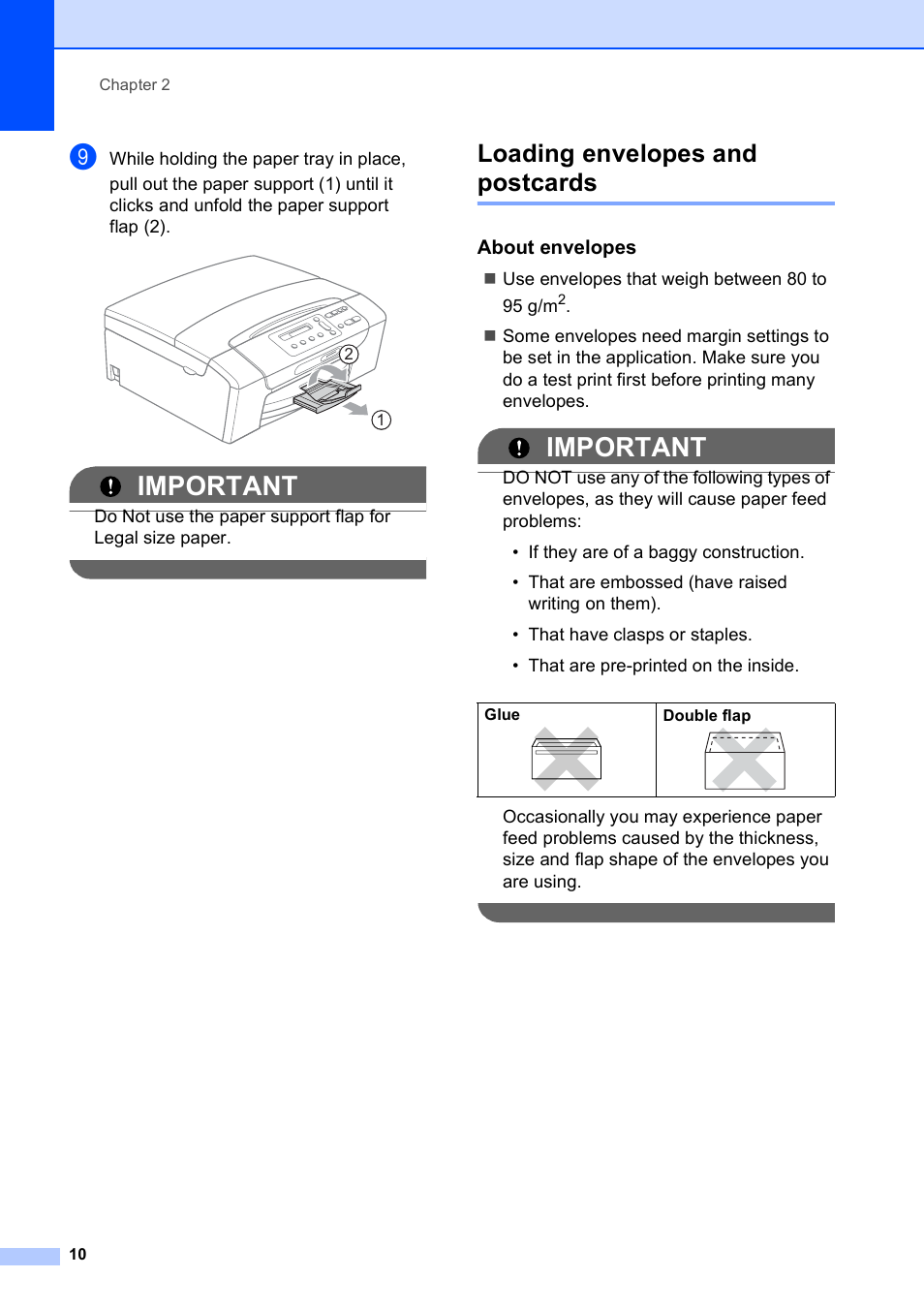 Loading envelopes and postcards, About envelopes, Important | Brother DCP-375CW User Manual | Page 18 / 109