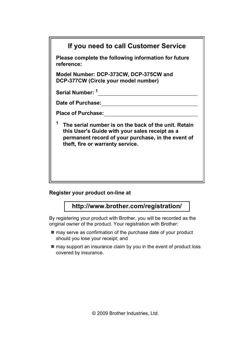 If you need to call customer service | Brother DCP-375CW User Manual | Page 2 / 109