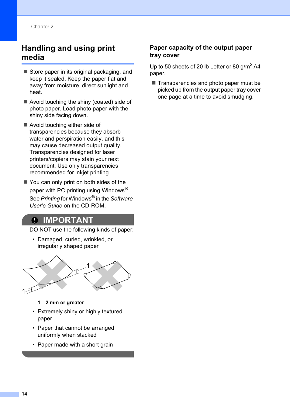 Handling and using print media, Paper capacity of the output paper tray cover, Important | Brother DCP-375CW User Manual | Page 22 / 109