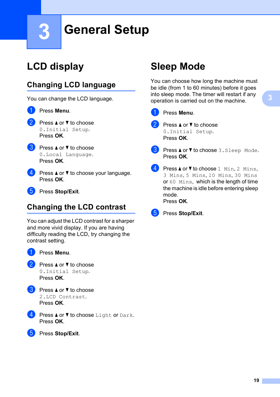 3 general setup, Lcd display, Changing lcd language | Changing the lcd contrast, Sleep mode, General setup, Changing lcd language changing the lcd contrast | Brother DCP-375CW User Manual | Page 27 / 109