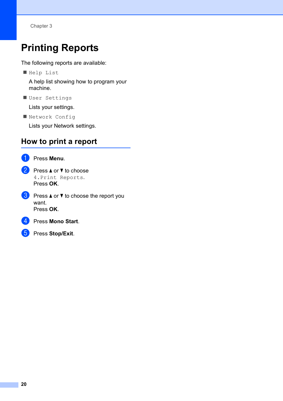 Printing reports, How to print a report | Brother DCP-375CW User Manual | Page 28 / 109