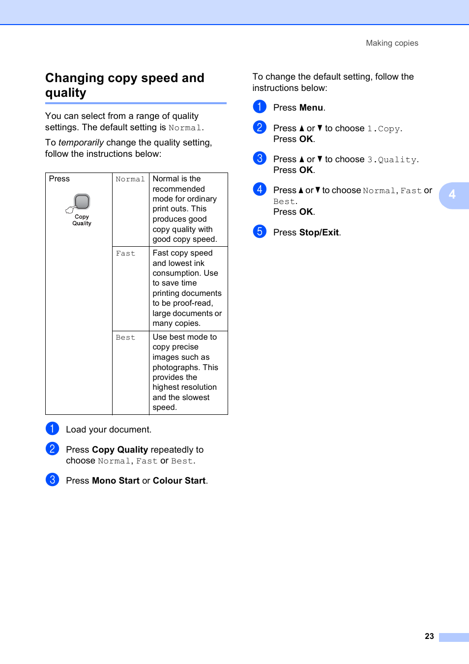 Changing copy speed and quality, 4changing copy speed and quality | Brother DCP-375CW User Manual | Page 31 / 109