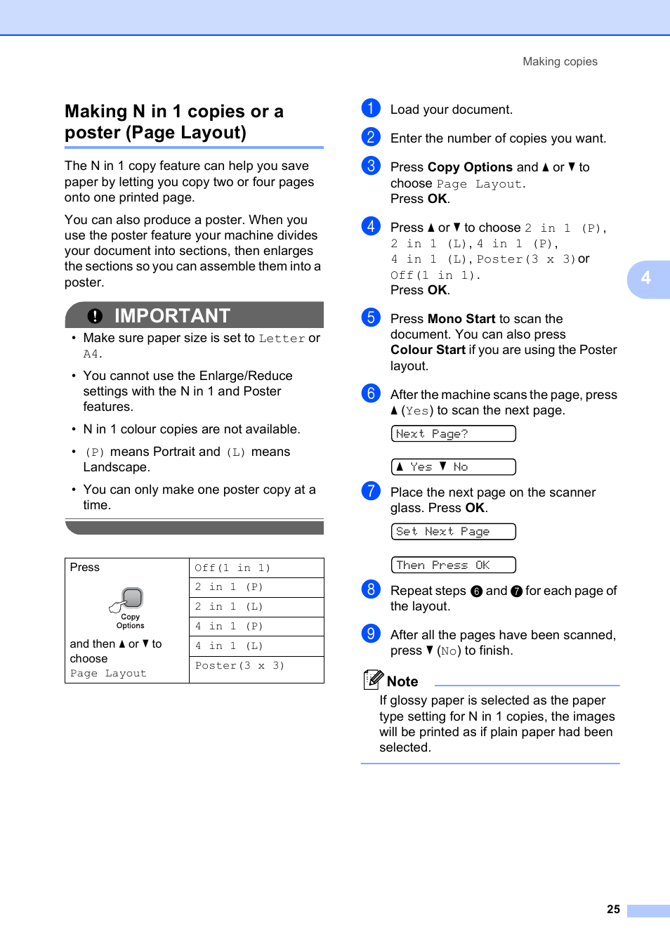 Important, 4making n in 1 copies or a poster (page layout) | Brother DCP-375CW User Manual | Page 33 / 109