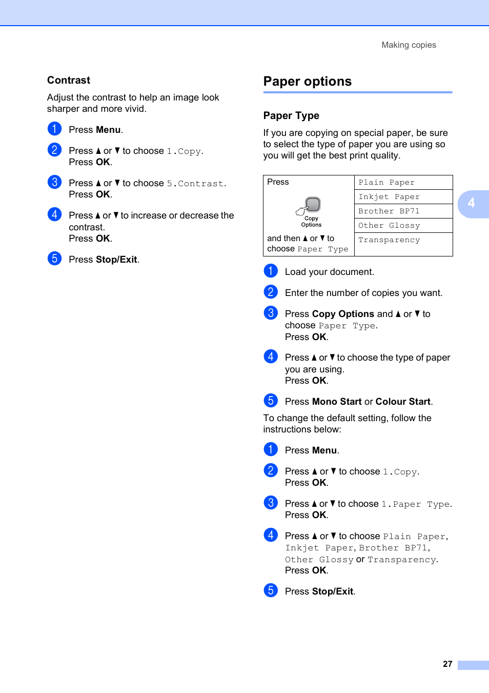 Contrast, Paper options, Paper type | Brother DCP-375CW User Manual | Page 35 / 109