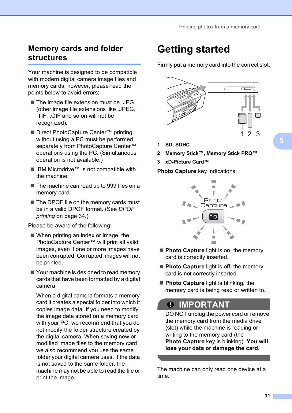 Memory cards and folder structures, Getting started, Important | Brother DCP-375CW User Manual | Page 39 / 109