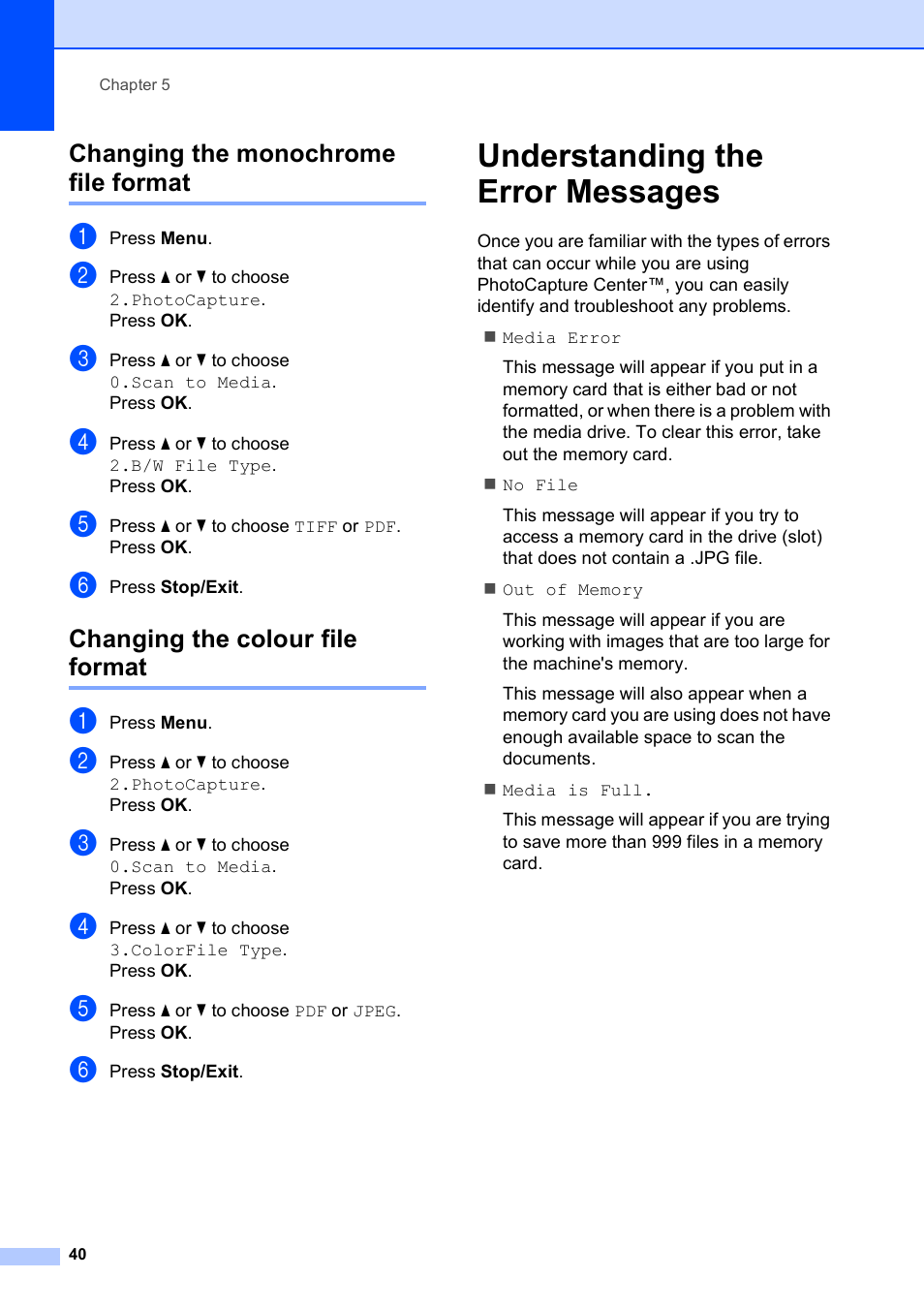 Changing the monochrome file format, Changing the colour file format, Understanding the error messages | Brother DCP-375CW User Manual | Page 48 / 109