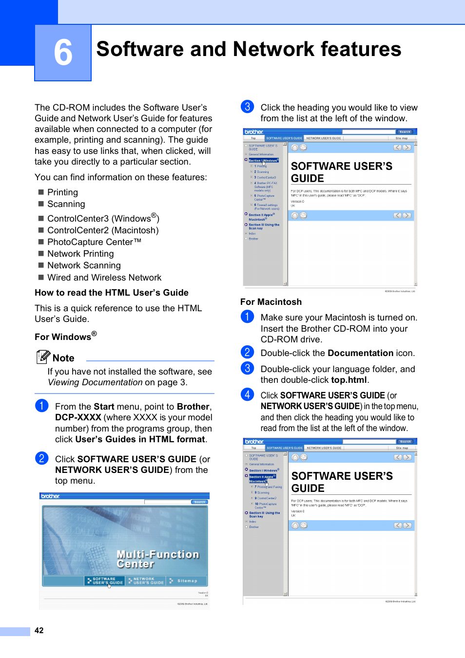 6 software and network features, Software and network features | Brother DCP-375CW User Manual | Page 50 / 109
