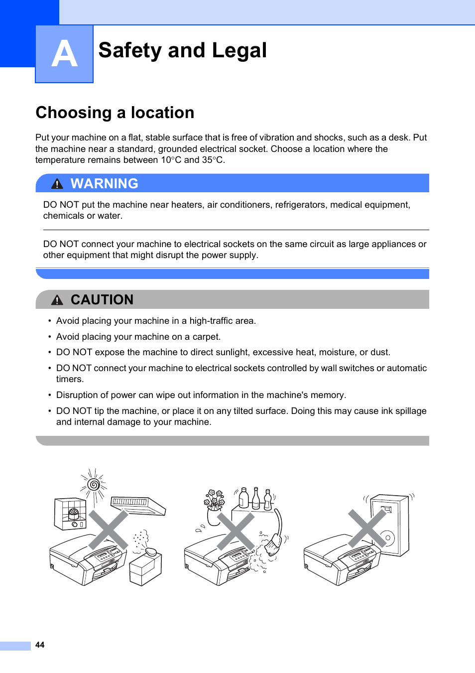 A safety and legal, Choosing a location, Safety and legal | Warning, Caution | Brother DCP-375CW User Manual | Page 52 / 109