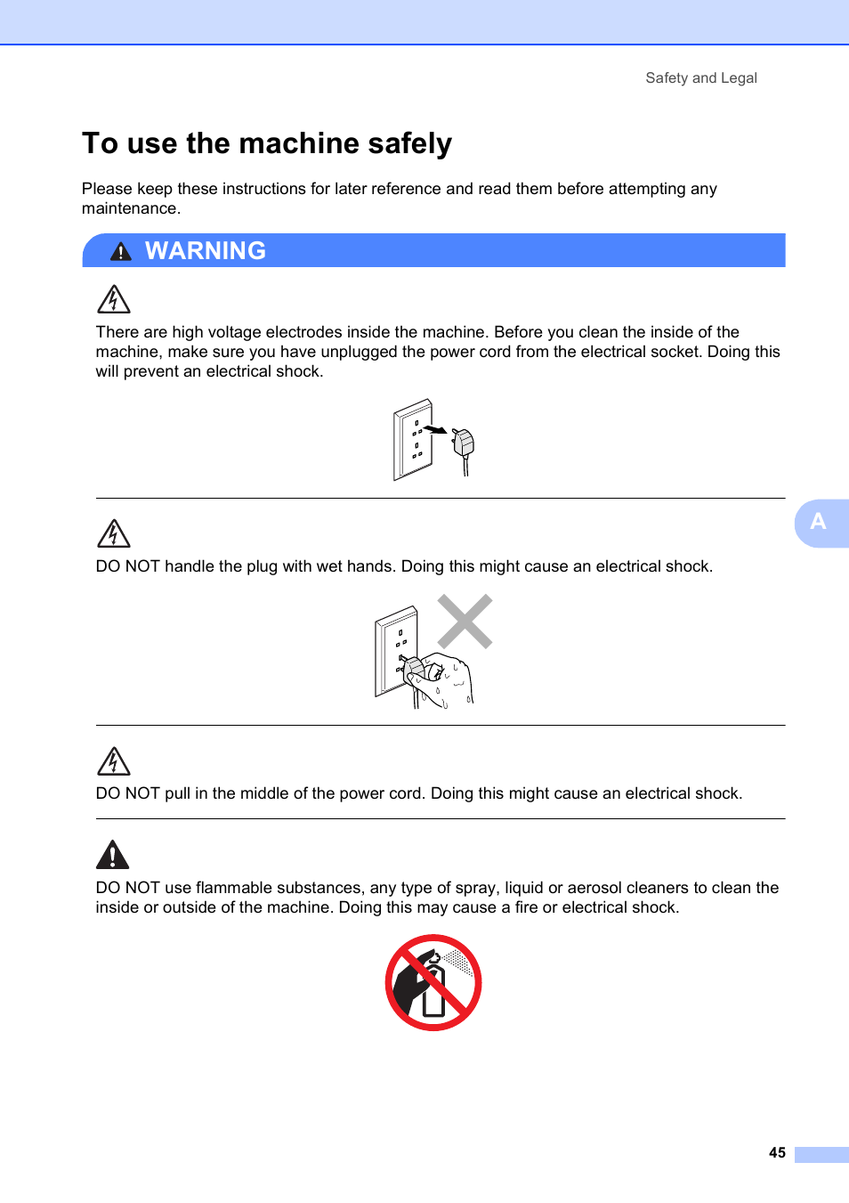 To use the machine safely, Warning, Safety and legal 45 | Brother DCP-375CW User Manual | Page 53 / 109