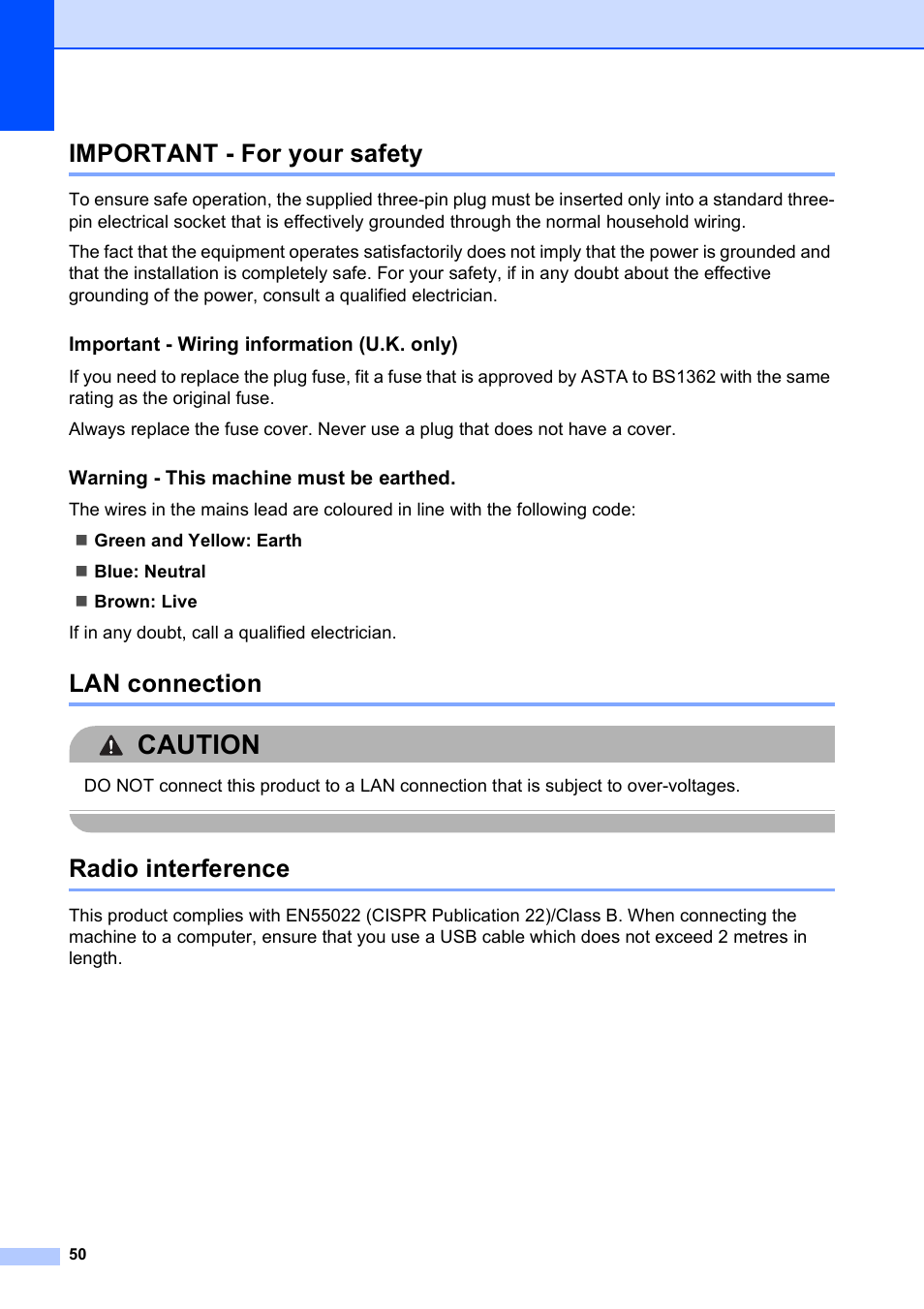 Important - for your safety, Lan connection, Radio interference | Caution, Important - wiring information (u.k. only), Warning - this machine must be earthed | Brother DCP-375CW User Manual | Page 58 / 109