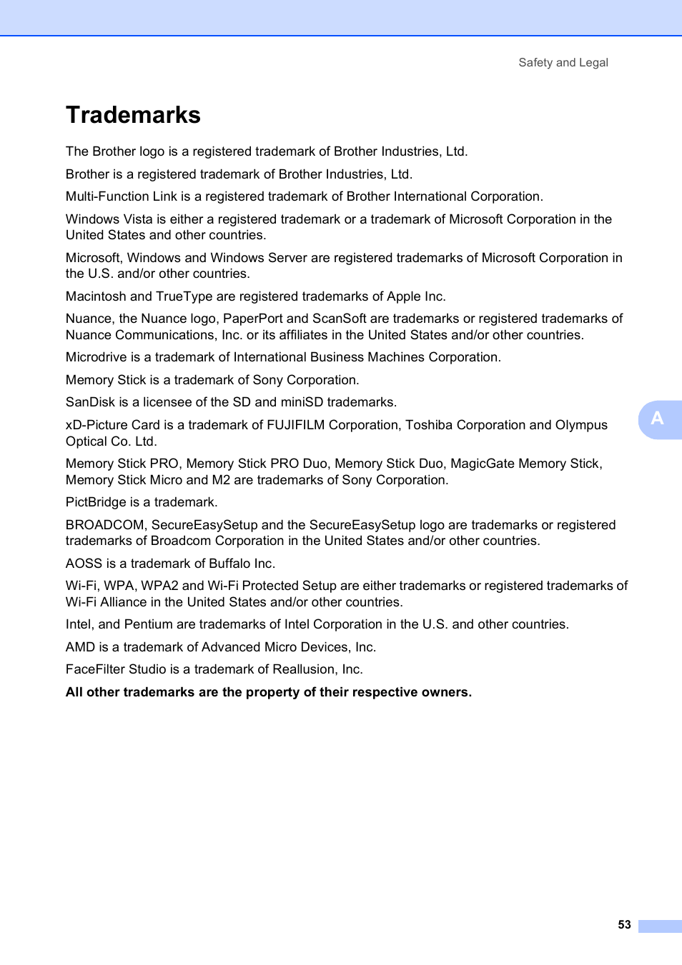 Trademarks | Brother DCP-375CW User Manual | Page 61 / 109