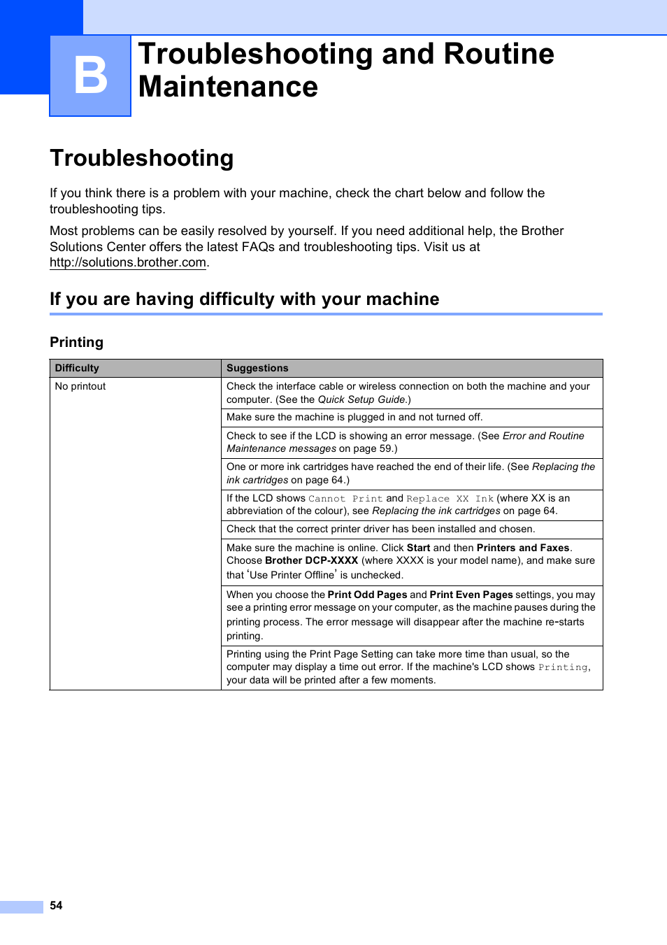 B troubleshooting and routine maintenance, Troubleshooting, If you are having difficulty with your machine | Troubleshooting and routine maintenance | Brother DCP-375CW User Manual | Page 62 / 109