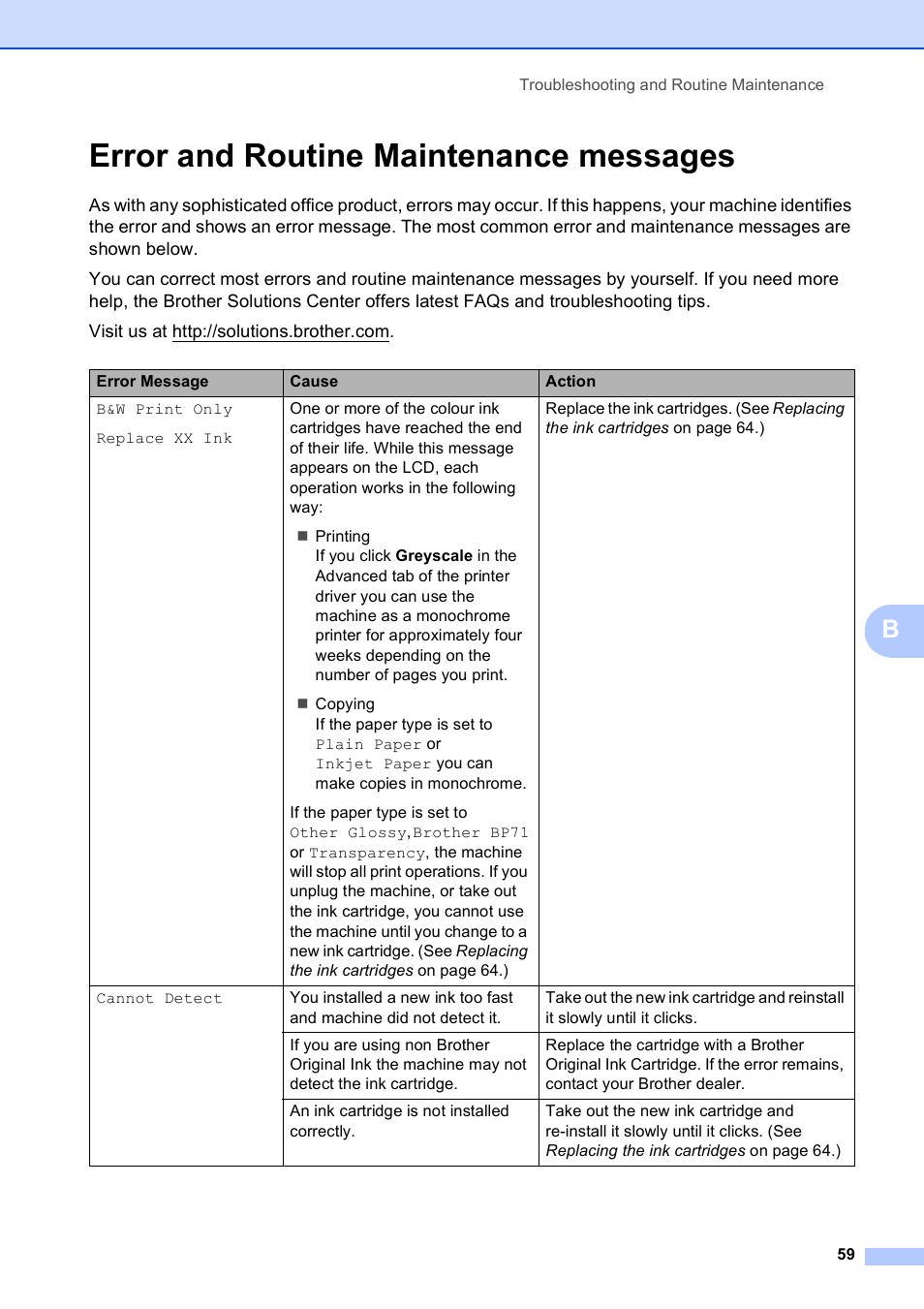 Error and routine maintenance messages | Brother DCP-375CW User Manual | Page 67 / 109