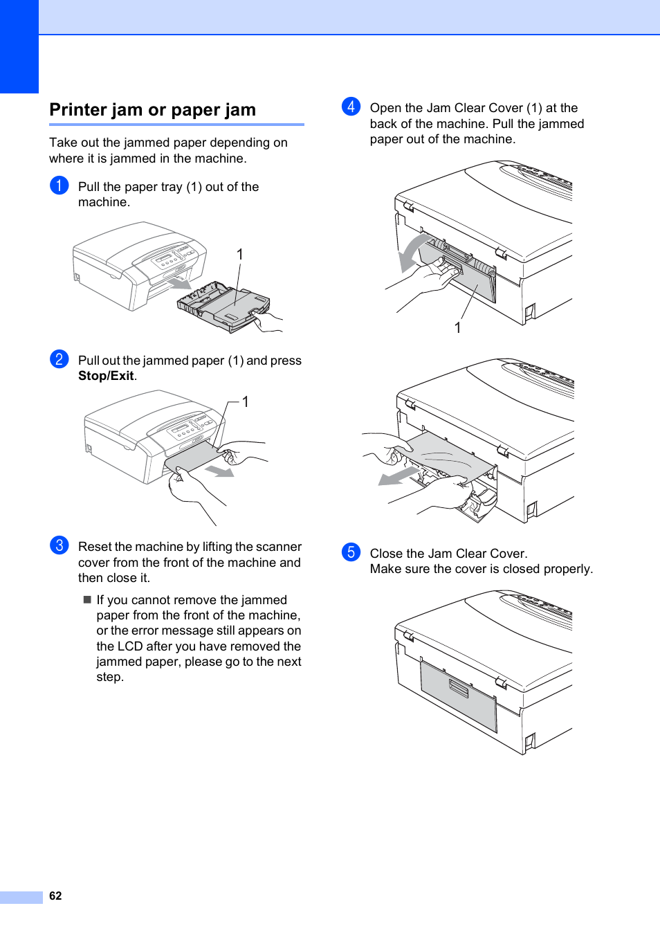 Printer jam or paper jam | Brother DCP-375CW User Manual | Page 70 / 109