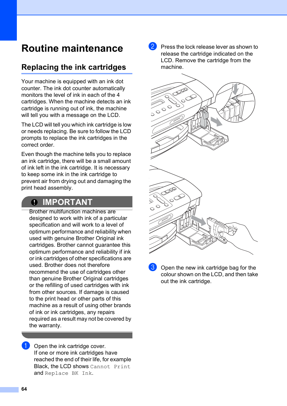 Routine maintenance, Replacing the ink cartridges, Important | Brother DCP-375CW User Manual | Page 72 / 109