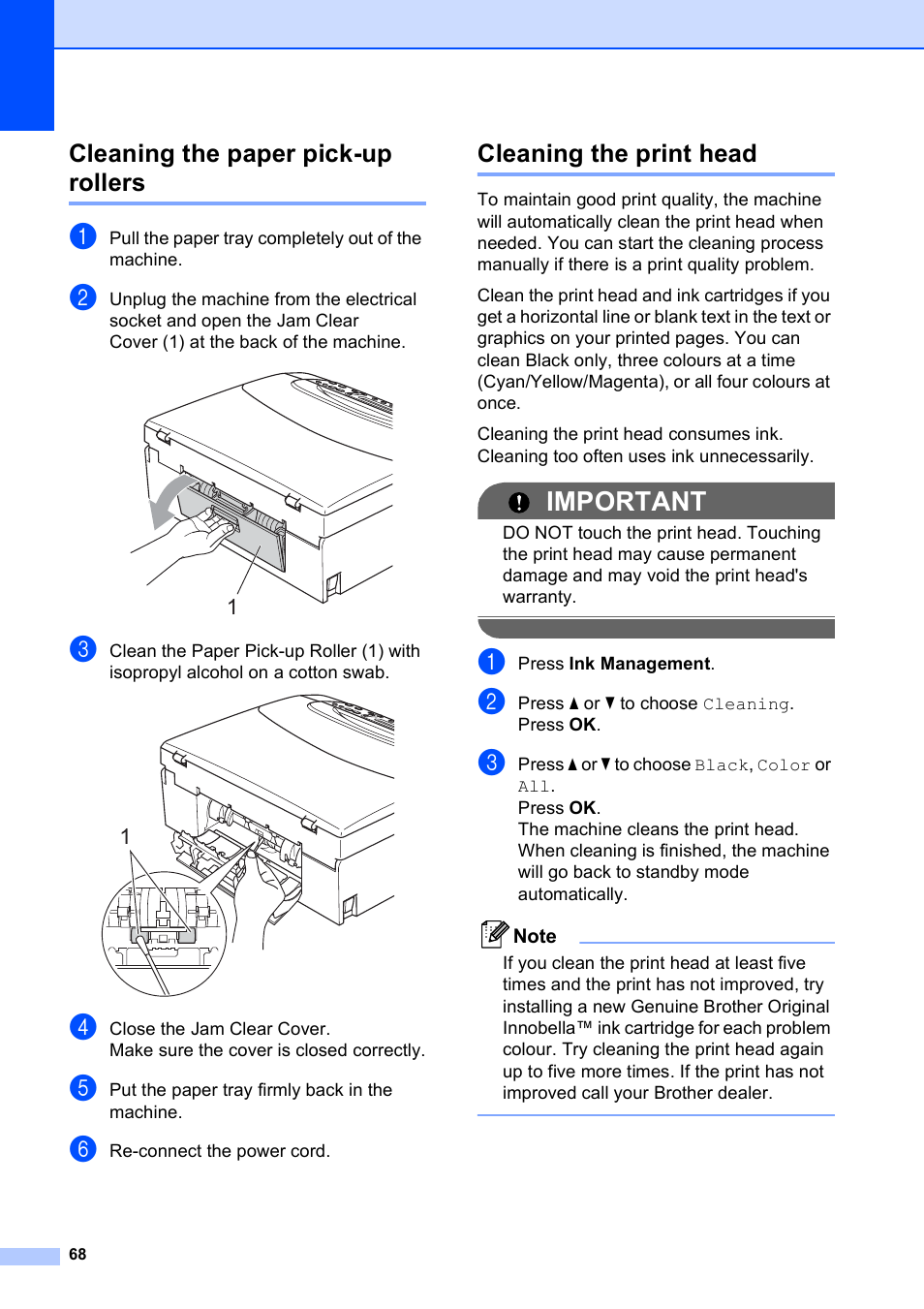 Cleaning the paper pick-up rollers, Cleaning the print head, Important | Brother DCP-375CW User Manual | Page 76 / 109