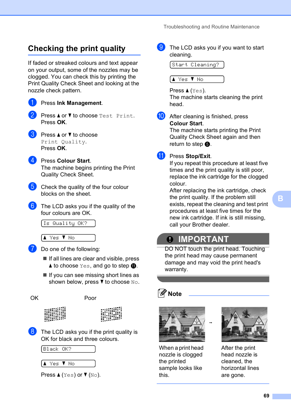 Checking the print quality, Important, Bchecking the print quality | Brother DCP-375CW User Manual | Page 77 / 109