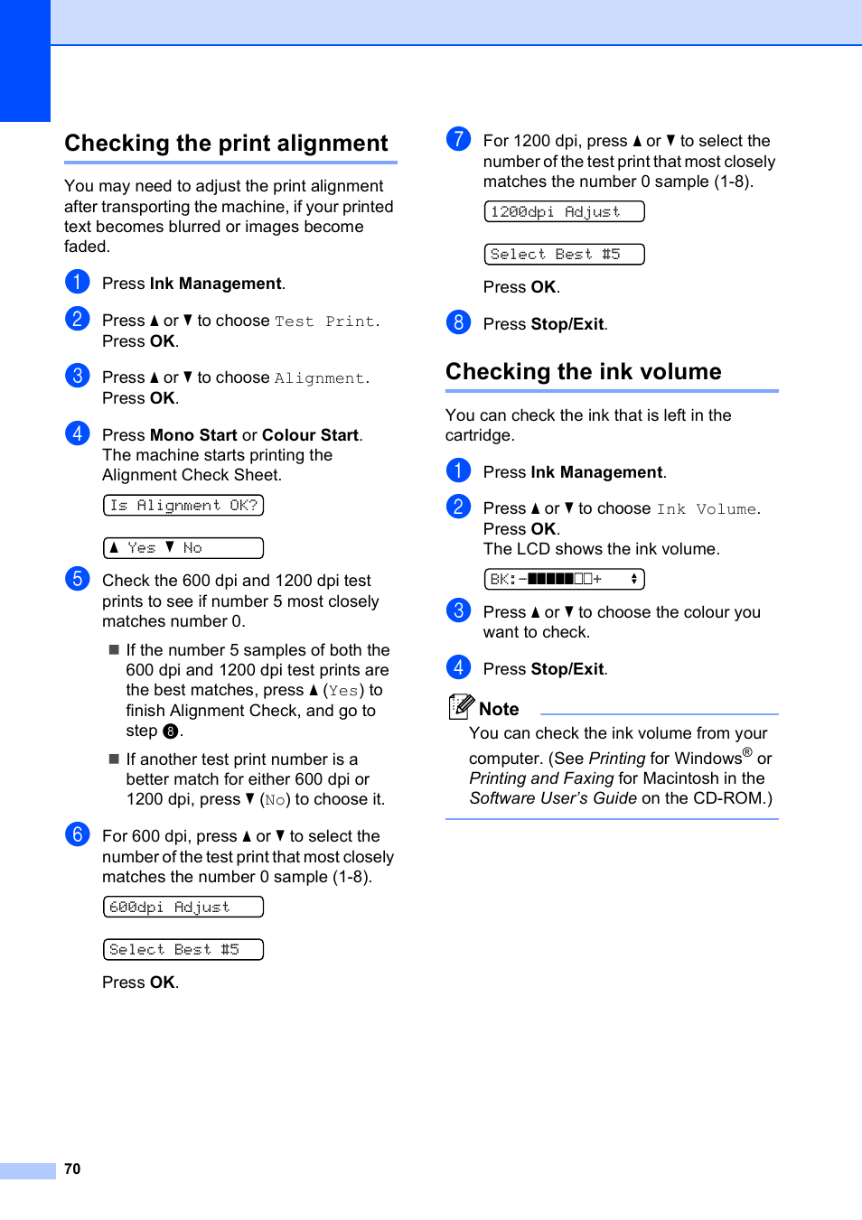 Checking the print alignment, Checking the ink volume | Brother DCP-375CW User Manual | Page 78 / 109